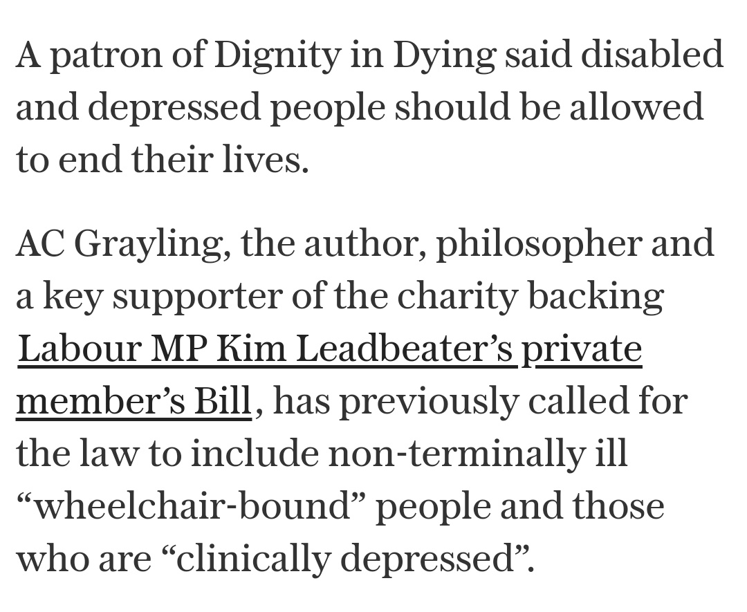 One of the best reasons to not trust Dignity in Dying when they talk about safeguards and no slippery slopes etc. is because their patron says publicly that we should kill the wheelchair-bound and the depressed.