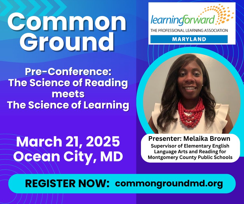 Common Ground MD (@commongroundmd) on Twitter photo We are proud to announce our Pre-Conference on the Science of Reading! Presented in partnership with <a href="/LearningForward/">Learning Forward</a> , this event will take place from 9am to Noon on March 21. Register or add it to your registration: commongroundmd.org We are proud to announce our Pre-Conference on the Science of Reading! Presented in partnership with <a href="/LearningForward/">Learning Forward</a> , this event will take place from 9am to Noon on March 21. Register or add it to your registration: commongroundmd.org