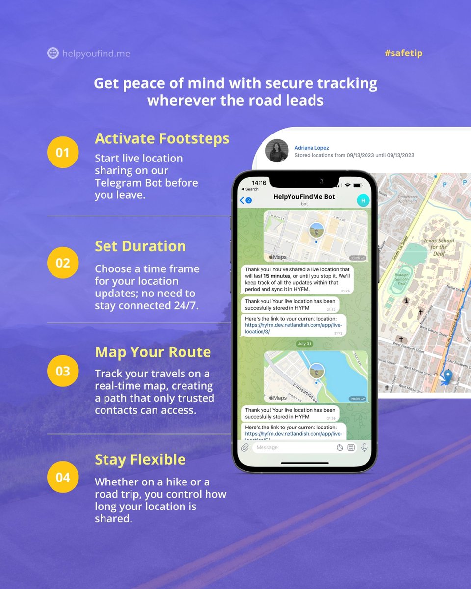 HelpYouFindMe (@helpyoufindme) on Twitter photo Planning a road trip? 🚘🗺️ Footsteps Tracking on #HYFM lets you safely share your journey without needing constant check-ins! Here's a checklist to set up Footsteps tracking for your trip:
🔗 helpyoufind.me/landing/travel… Planning a road trip? 🚘🗺️ Footsteps Tracking on #HYFM lets you safely share your journey without needing constant check-ins! Here's a checklist to set up Footsteps tracking for your trip:
🔗 helpyoufind.me/landing/travel…