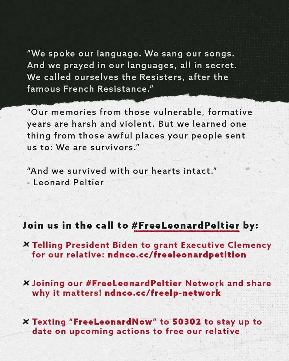 NOW is the time to Free Leonard Peltier. To let him live the rest of his life in dignity, in his homelands. We need Biden to grant him clemency before he leaves office in January! 

Join us in the call to #FreeLeonardPeltier by ⬇️