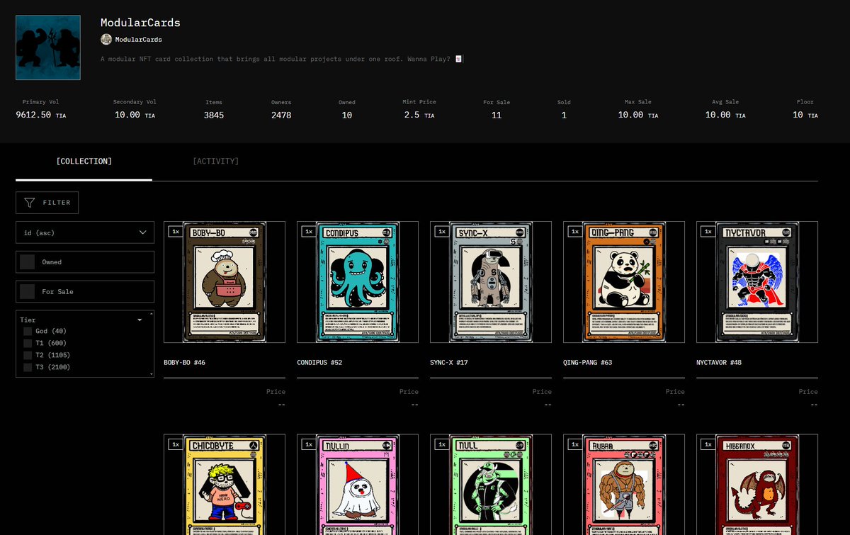 Formachain's tweet image. 🃏+🎭

@ModularCards is now fully supported on Modularium.

We also heard the feedback and we added "Tier" filtering so you can easily sort through tiers to find your perfect card. 

modularium.art/collection/mod…