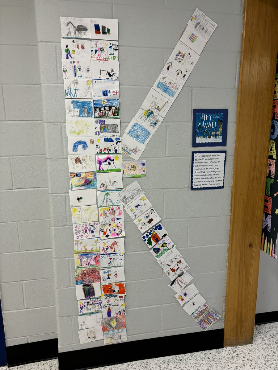 MsZuvela's tweet photo. After reading our Sear Read Hey Wall!, by Susan Verde,  Kindergarten classes collaborated to create a visual display of all the fun and exciting learning that takes place at Searingtown! Good bye blank and boring wall, welcome creative and collaborative mural! @SearingtownK5 https://t.co/345Ux7GrwV