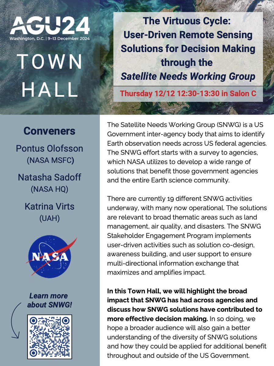 Please join us at #AGU24! NASA's extensive work supporting the Satellite Needs Working Group (SNWG) will be highlighted during a Town Hall on Thursday, Dec. 12 at 12:30 PM. Come learn about what's new in the program and across all the solutions we're implementing.