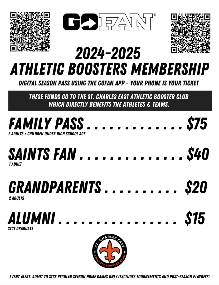 Winter sports are here! If you haven’t already gotten your Booster membership now is the time to get it! Good for regular season admission at both East and North. The funds go to support STCE Athletic Boosters! 🧡🖤⚜️