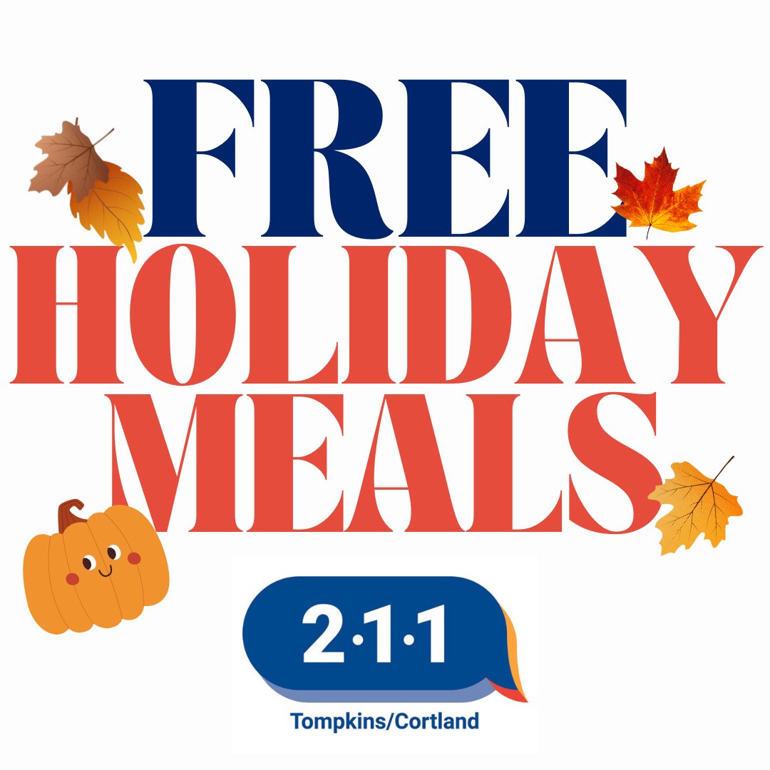 211Tomp_Cort's tweet photo. Seeking Holiday Meals?

Our 2-1-1 specialists have gathered information on all free holiday meal offerings in Tompkins and Cortland counties. 

To obtain the list:

- Call 2-1-1 (1-877-211-8667)
- Email iandr@hsctc.org
- Text your zip code to 898211

Happy Holidays! https://t.co/vizLmrpYg4