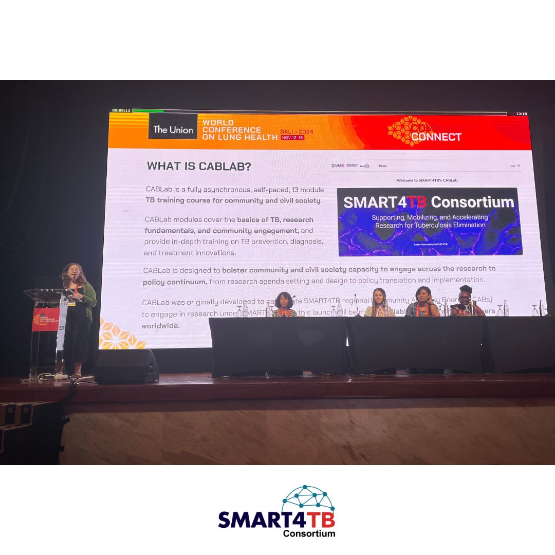 TAGTeam_Tweets's tweet photo. As a member of SMART4TB Consortium, TAG is thrilled to see SMART4TB's CABLab go live fresh off #UnionConf2024 rollout! CABLab is a self-paced curriculum to equip communities to engage deeply w/ TB research &amp; researchers. Register + build advocacy skills: https://t.co/UjWIlqfvEC https://t.co/d7Qp3LWA9M