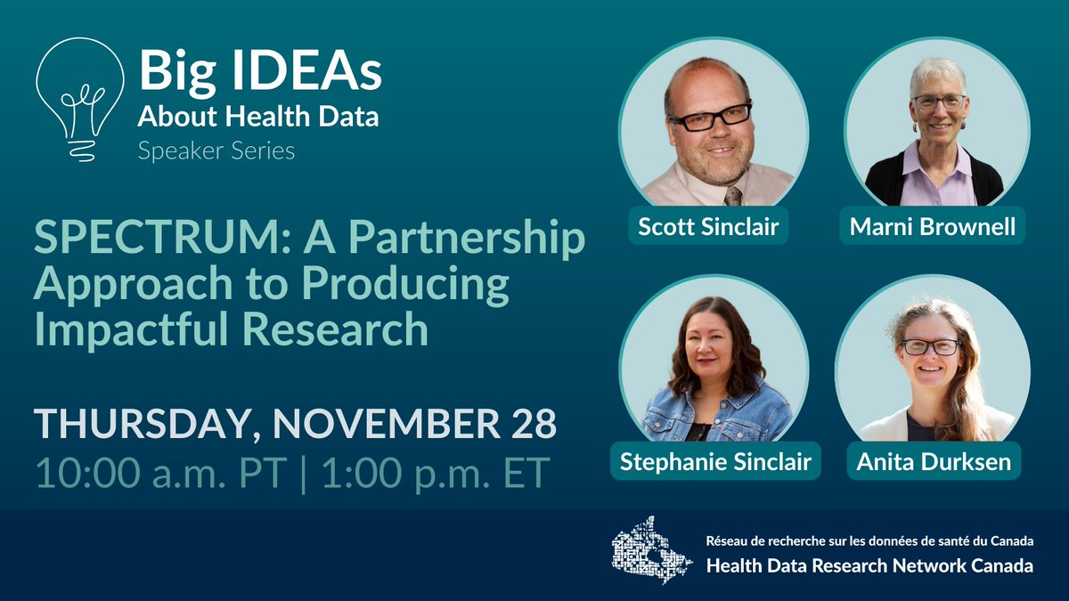 Learn how partnership guides SPECTRUM's work. Join Dr. <a href="/marnibrownell/">Marni Brownell</a>, post-doc fellow Dr. Anita Durksen (@UM_MCHP), Stephanie Sinclair (<a href="/FNHSSM/">First Nations Health & Social Secretariat of MB</a>) &amp; Deputy Minister of Health Scott Sinclair (@mbgov) Nov 28 for a <a href="/hdrn_rrds/">HDRN Canada - RRDS Canada</a> #BigIDEAsAboutHealthData #webinar.
eventbrite.ca/e/spectrum-a-p…