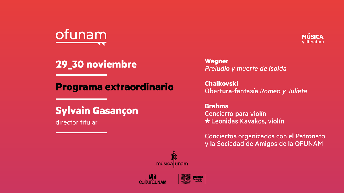 OFUNAM's tweet photo. En este concierto extraordinario, nos acercamos a tres compositores emblemáticos a fines del siglo XIX: Brahms, Chaikovski y Wagner.

Participa nuestro director titular Sylvain Gasançon y el aclamado violinista Leonidas Kavakos, quien interpretará el Concierto para violín de Brahms, obra maestra que establece un diálogo equilibrado entre el solista y la orquesta.

29 y 30 noviembre | Sala Nezahualcóyotl | 8:00 pm
• Toda la información: https://t.co/vFz18svMhm
• Boletos a la venta: https://t.co/rfFtQN23wh

Conciertos organizados con el Patronato y la Sociedad de Amigos de la OFUNAM (@SAOFUNAM).

#MúsicaUNAM #CulturaUNAM