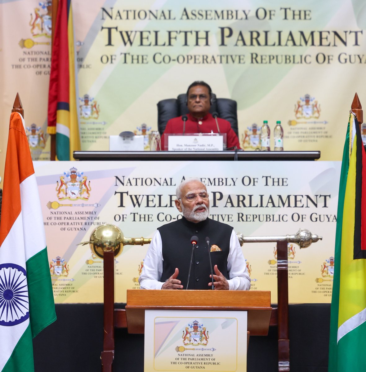 narendramodi's tweet photo. It was an honour to address the Parliament of Guyana and interact with distinguished MPs and Ministers. https://t.co/jHh5hzV4gV