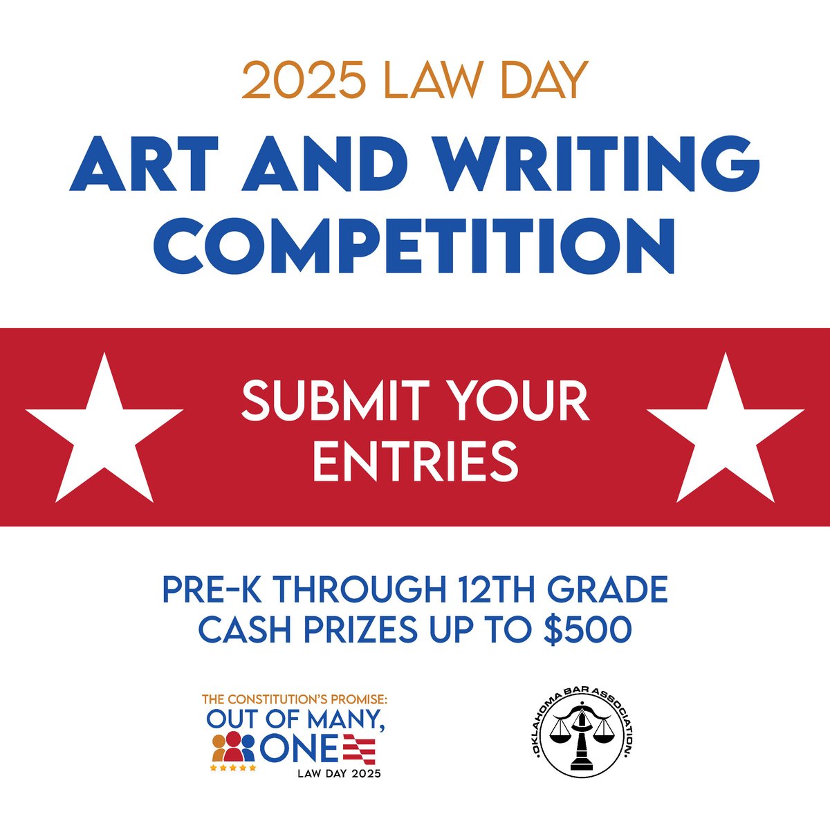 Calling all Oklahoma teachers and students!

Entry submission is open for the 2025 OBA Law Day Art and Writing Contest. Deadline for submission is Friday, Jan. 24, 2025.

Prompts, contest rules and submission instructions: okbar.org/lawday/contest/