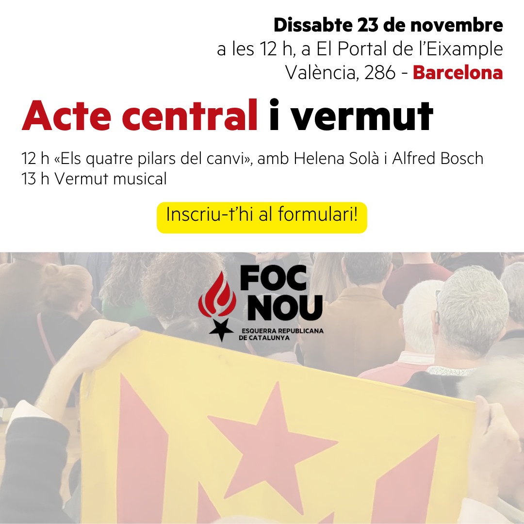 FocNou_ERC's tweet photo. 🚨 𝗗𝗶𝘀𝘀𝗮𝗯𝘁𝗲 𝗮 𝗹𝗲𝘀 𝟭𝟮 𝗵, 𝘃𝗶𝗻𝗲 𝗮 𝗹'𝗮𝗰𝘁𝗲 𝗰𝗲𝗻𝘁𝗿𝗮𝗹 𝗱𝗲 #FocNou‼️🔥

👩🏼🧔🏻 @helenasola i @AlfredBosch hi parlaran dels quatre pilars del canvi a @Esquerra_ERC, i hi farem el vermut. 🫒🍷

✍️ 𝗔𝗽𝘂𝗻𝘁𝗮-𝘁'𝗵𝗶 𝗮𝗾𝘂𝗶́‼️ 📲 https://t.co/C499bmFRC2 https://t.co/P1hrjbIqW8