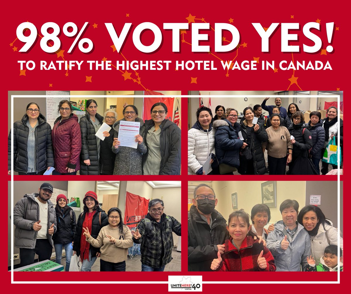 Historic Win! 
Vancouver hotel workers secure Canada’s highest wages:
34% wage increase over the contract.
Year-round health benefits, stronger pensions, reduced workloads, and more protections!

Read more at: bit.ly/4fuq5ln

#bclab #bcpoli #canlab #UnionStrong