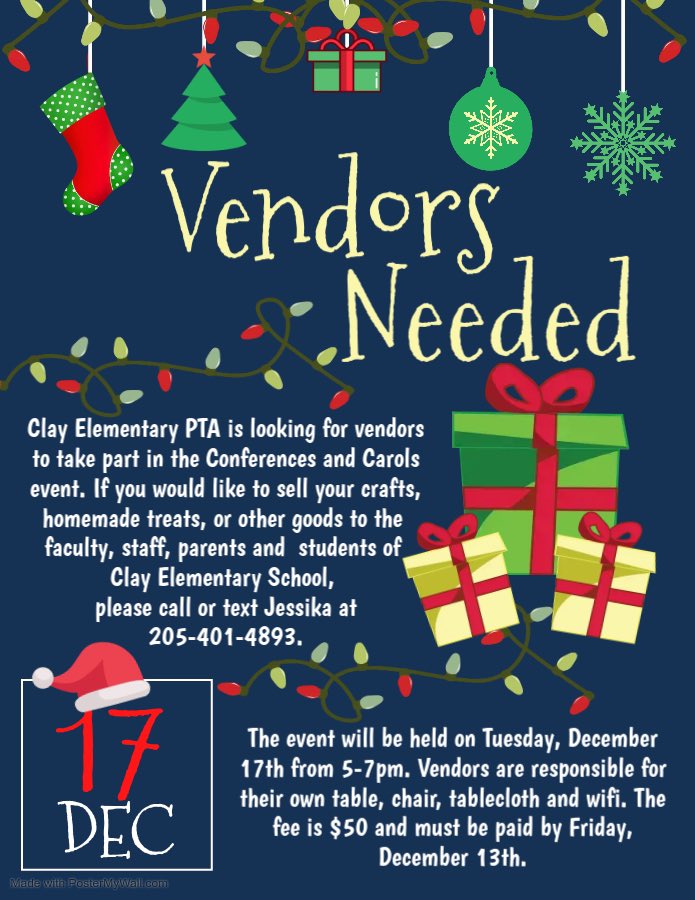 Please share‼️ The PTA is seeking vendors to participate in Clay Elementary School’s Christmas &amp; Carols event. Please refer to the attached flyer for further details.