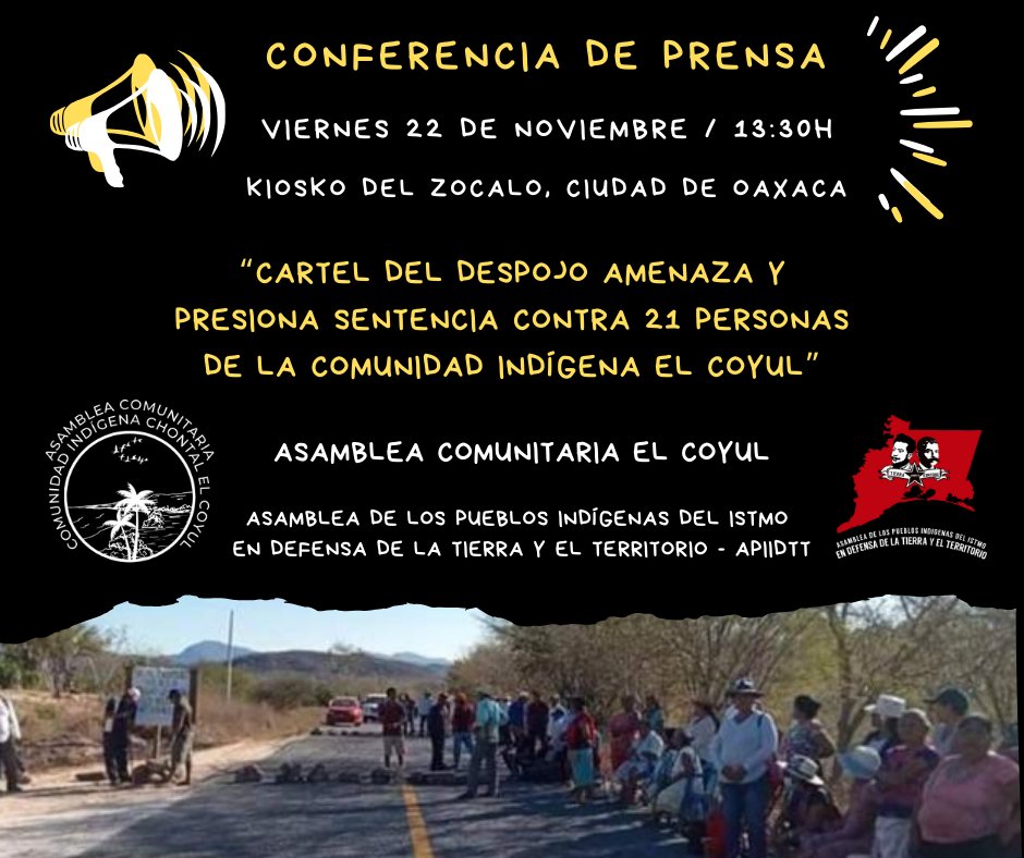 Conferencia de Prensa el día de mañana, viernes 22 de noviembre a las 13:30h en el Kiosko del Zócalo, Ciudad de Oaxaca.

Facebook:
facebook.com/share/p/18Hom6…

Instagram:
instagram.com/p/DCpVDuMvf3b/…

WordPress:
tierrayterritorio.wordpress.com/2024/11/21/con…