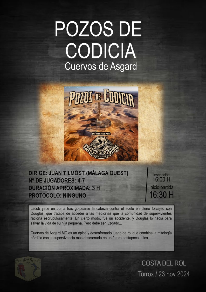 Y aquí tenéis las partidas de la sesión de tarde (16:00h)... Pero seguid atentos que aún queda alguna cosa más... Y recordad que la inscripción es por orden de llegada ¡No te quedes fuera!
<a href="/ElGremio_e/">El Gremio de los Elementos</a> <a href="/MalagaQuest/">MálagaQuest</a> <a href="/Talessya1/">PEKIS ROL</a> <a href="/JaimeTF/">Jaime Torres Fdez</a> <a href="/Da2trucados/">Aso. C. Da2 Trucados 🎲</a> <a href="/Tilmost/">Tilmöst ᚠ</a>