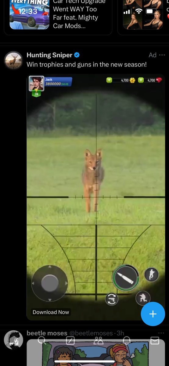 X is running an ad for an app that’s literally just a video of real animals being shot