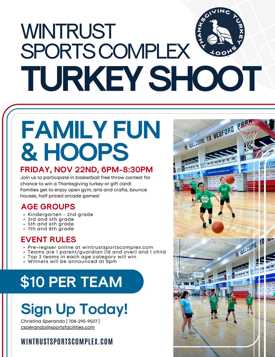 Tomorrow’s the big day! 🦃🏀 Don’t miss our Turkey Shoot Thanksgiving Event at Wintrust Sports Complex! Fun for the whole family with games, prizes, and more. Pre-registration is encouraged, but walk-ups are welcome. Visit bookeo.com/playwintrust to secure your spot now!