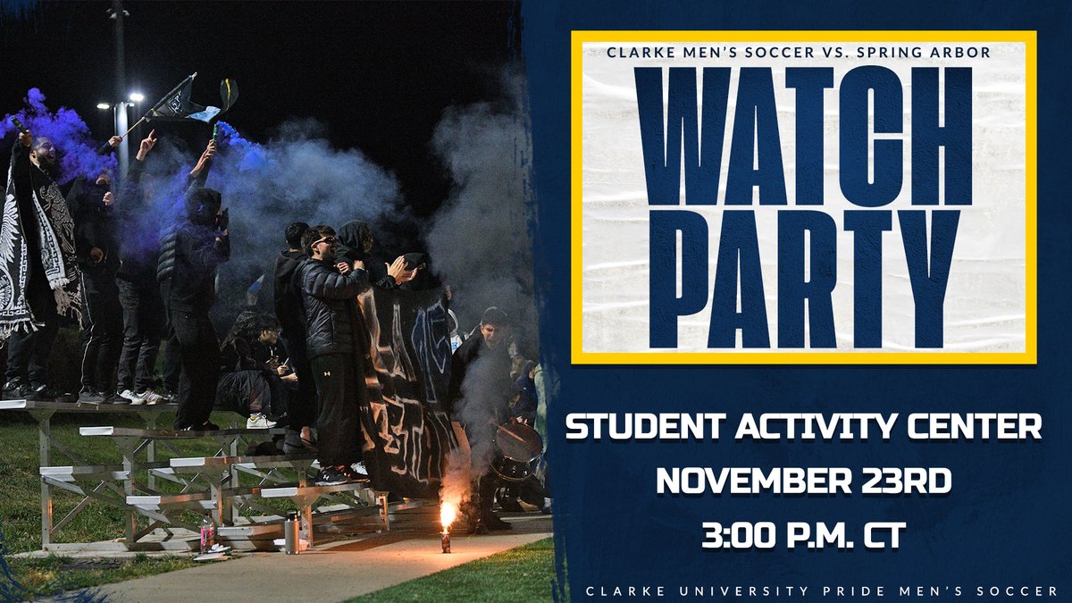 Clarke Athletics to host NAIA Tournament Watch Party for <a href="/CU_mens_soccer/">Clarke Pride Men’s Soccer</a> 

#ClarkePride 

Info ⬇️ 

tinyurl.com/3yubwu9e
