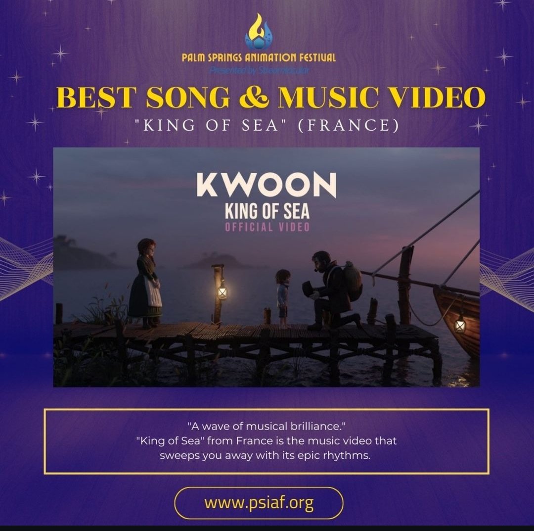 stephaneberla's tweet photo. "King of Sea" won 2 Awards at the Palm Springs Animation Festival 2024  " A wave of musical brilliance paired with stunning visuals. Bravo to the team for this incredible achievement! "

@Kwoonmusic #animation  #musicvideo https://t.co/q2RpTeVkpa