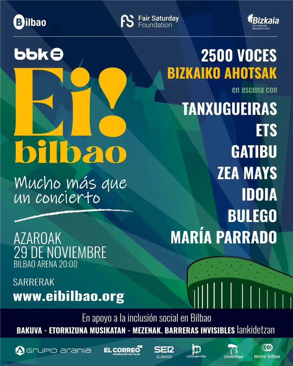 .El 29 de noviembre llega Ei! Bilbao al @bilbaoarena con Tanxugueiras, ETS, Gatibu, Zea Mays, María Parrado, Idoia y Bulego. @fairsaturday