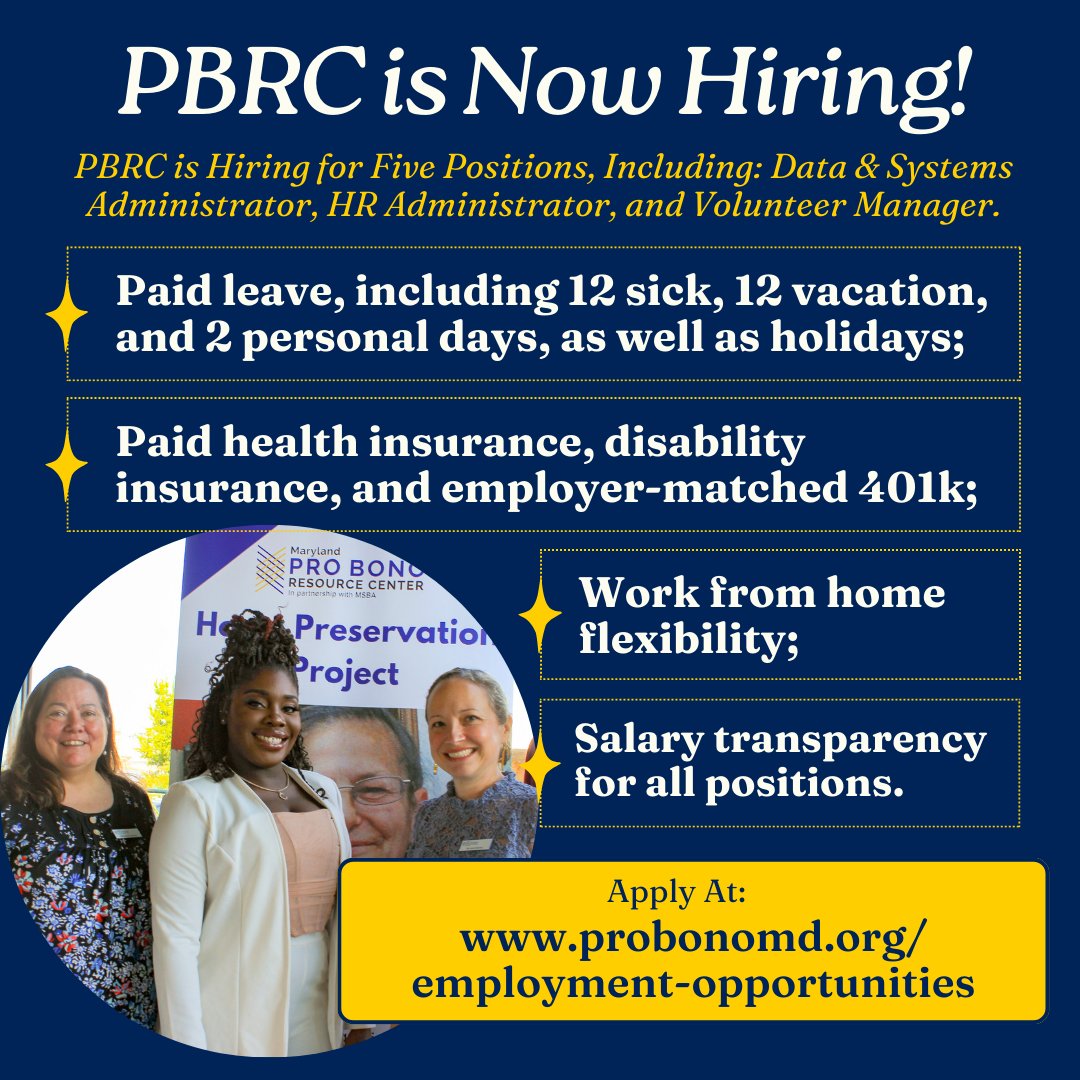Join the PBRC team! We are currently hiring for five positions, including: Database and Systems Administrator, HR Administrator, Staff Attorney, and Volunteer Manager.

To view the full job descriptions, please visit probonomd.org/employment-opp….