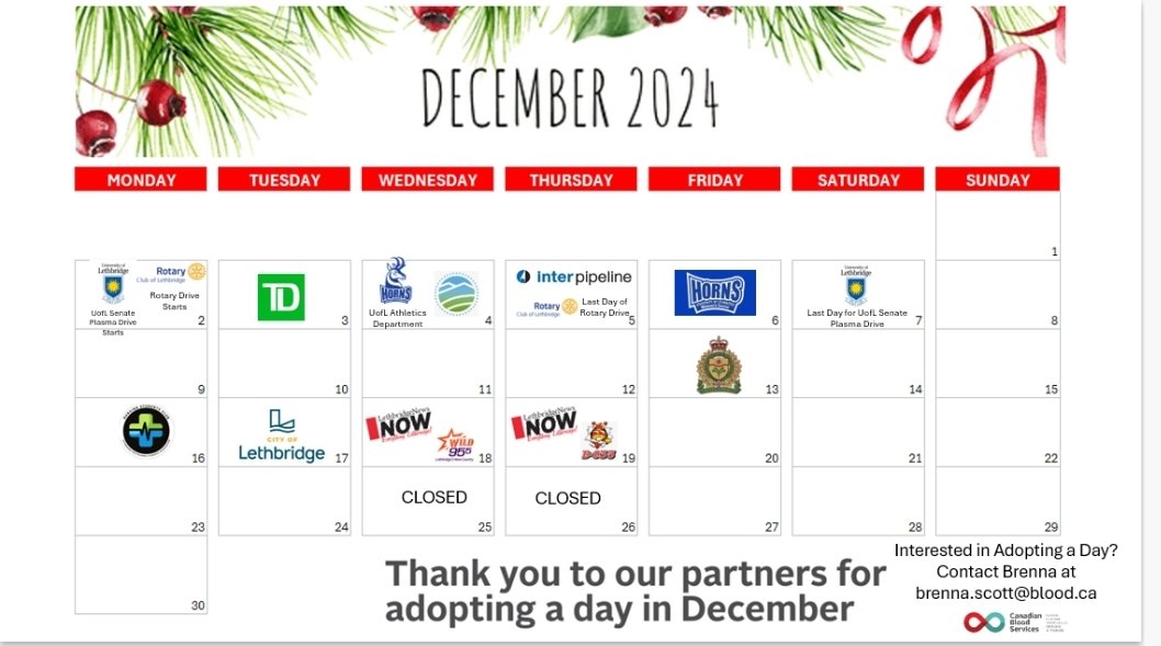 📢 Calling all Lethbridge companies, organizations, sports clubs and places of worship.

Help bring hope to patients and their loved ones this holiday season by bringing your group in to donate this December.

Email be at brenna.scott@blood.ca to get started!

#yql #Lethbridge