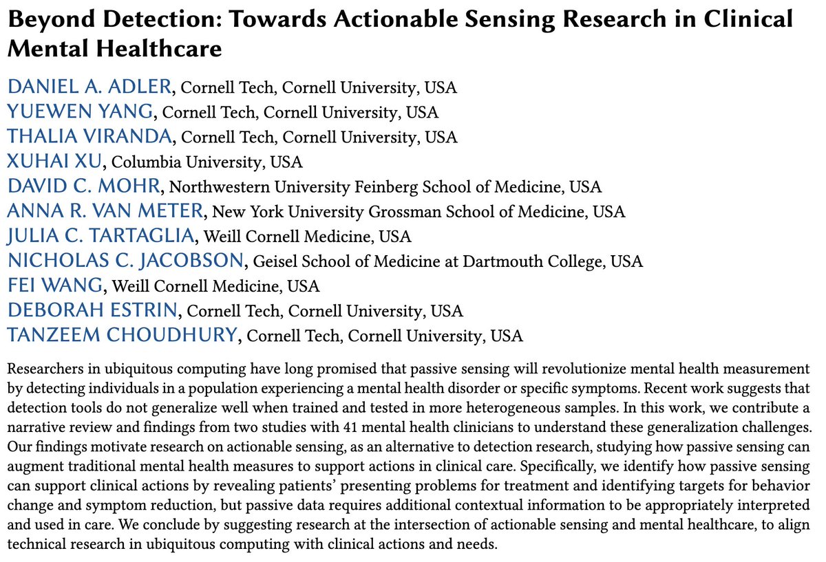 Our IMWUT paper advocating for #ubicomp #AI research to develop technologies that support context-specific actions in clinical #mentalhealth care is up on the ACM DL! (1/3) 

dl.acm.org/doi/10.1145/36…