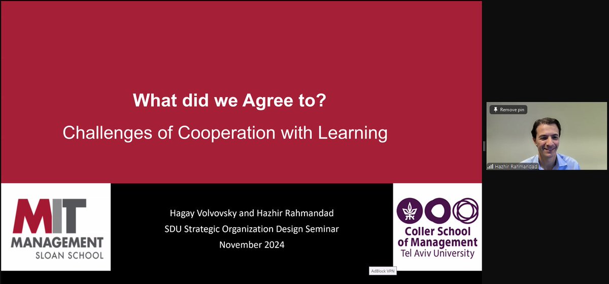 Today, the SOD group was lucky to host Hazhir Rahmandad (MIT Sloan) for an engaging seminar on: “What did we agree to?”, exploring how agents tackle coupled learning &amp; cooperation challenges. Super cool model that offers fascinating insights into sustaining coupled learning!