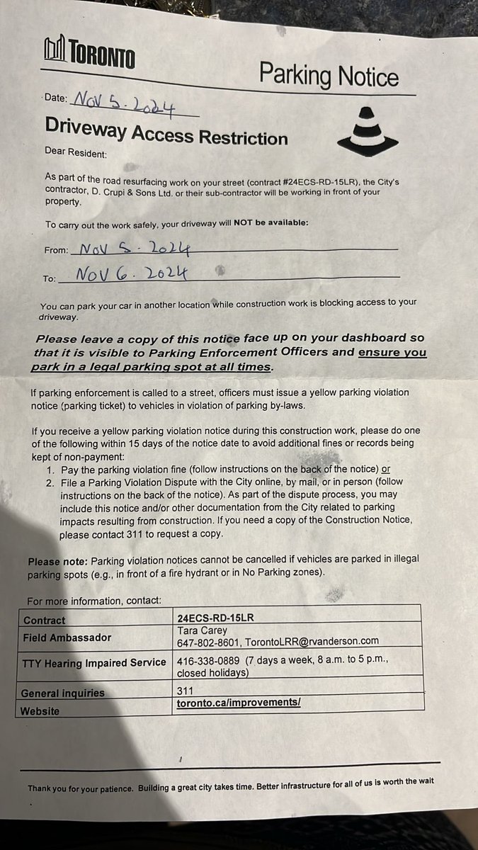 gamarakone's tweet photo. @cityoftoronto Was this necessary?   City tells you to park on the street so that they can repair the walkway and parking fuy wants to gets his quota in. Shame @TPSOperations https://t.co/NKhm4lSWIQ