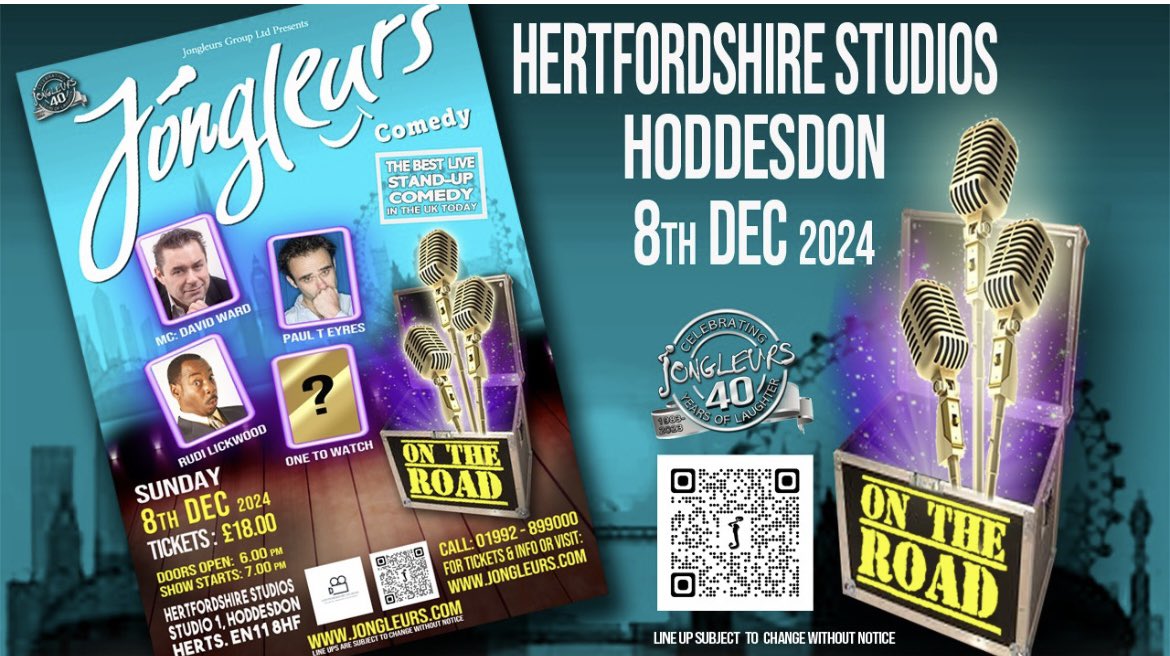@hertfordshireStudios 8th Dec 8pm,        3 top class comedians and a One To Watch, will be coming to #hoddesdon Don’t miss your chance to watch hilarious comedy for the last time in 2024. More dates to follow in 2025. 

For tickets 
jongleurs.com/shows/jongleur…