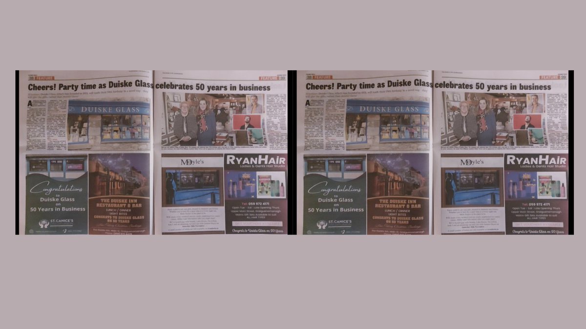 Thank you to Kilkenny people <a href="/KKPeopleNews/">Kilkenny Live</a> for a fantastic spread in this weeks Kilkenny People for Duiske Glass's 50th Anniversary Celebrations, which are taking place all day tomorrow Friday in-store. Thank you to all the businesses for their good wishes and support <a href="/kclr96fm/">KCLR 96FM</a>