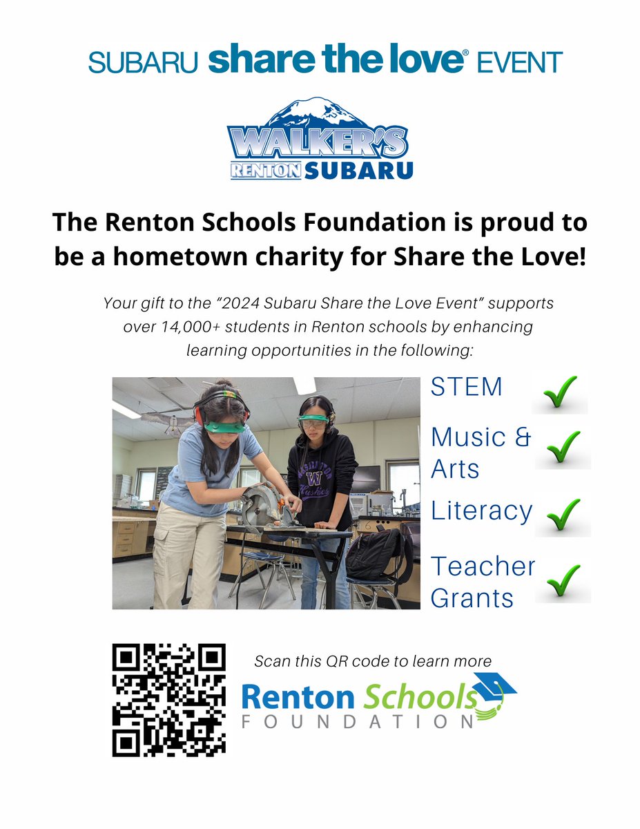 Thank you, Walker's Renton Subaru, for having the Renton Schools Foundation as the hometown charity for the National Share the Love event! If you purchase a car from Walker's through the first of the year, Subaru will donate $250 to a charity in your name.   #walkersrentonsubaru