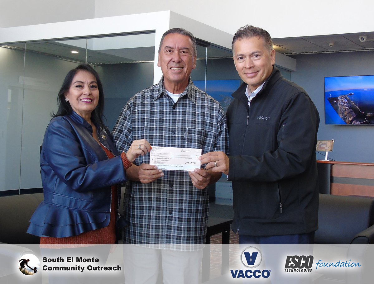 VACCO Industries (@vaccoindustries) on Twitter photo VACCO / #ESCOTechnologies Foundation is proud to donate $10,000 to South El Monte Community Outreach this holiday season! Mayor Gloria Olmos <a href="/CITYSEM/">CITY OF SO. EL MONTE</a> joined us to present the check. This contribution will help provide holiday food boxes to families in our community. #VACCOonBoard VACCO / #ESCOTechnologies Foundation is proud to donate $10,000 to South El Monte Community Outreach this holiday season! Mayor Gloria Olmos <a href="/CITYSEM/">CITY OF SO. EL MONTE</a> joined us to present the check. This contribution will help provide holiday food boxes to families in our community. #VACCOonBoard