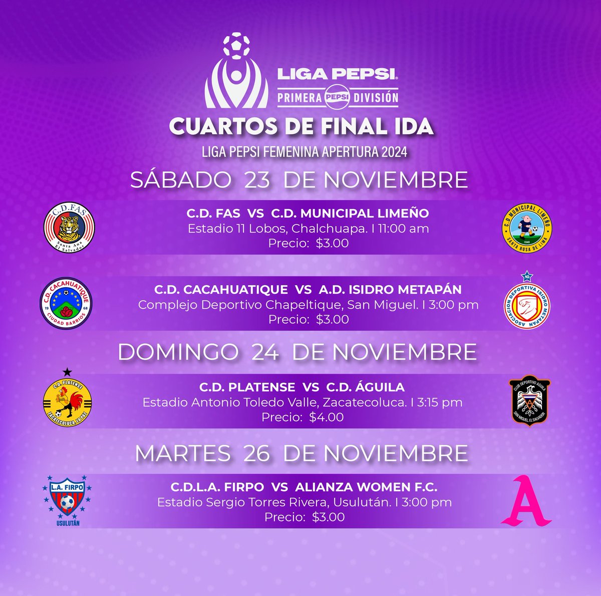 feemfutbool's tweet photo. 🇸🇻 Fútbol Nacional | ¡Se vienen los cuartos de final de la Liga Pepsi Femenina! ⚽️✨
@primerafutboles
🔜 Prepárate para disfrutar de la emoción del fútbol femenino salvadoreño.

#FútbolNacional #FútbolFemenino #LigaPepsiFemenina https://t.co/GuuamxOUCd