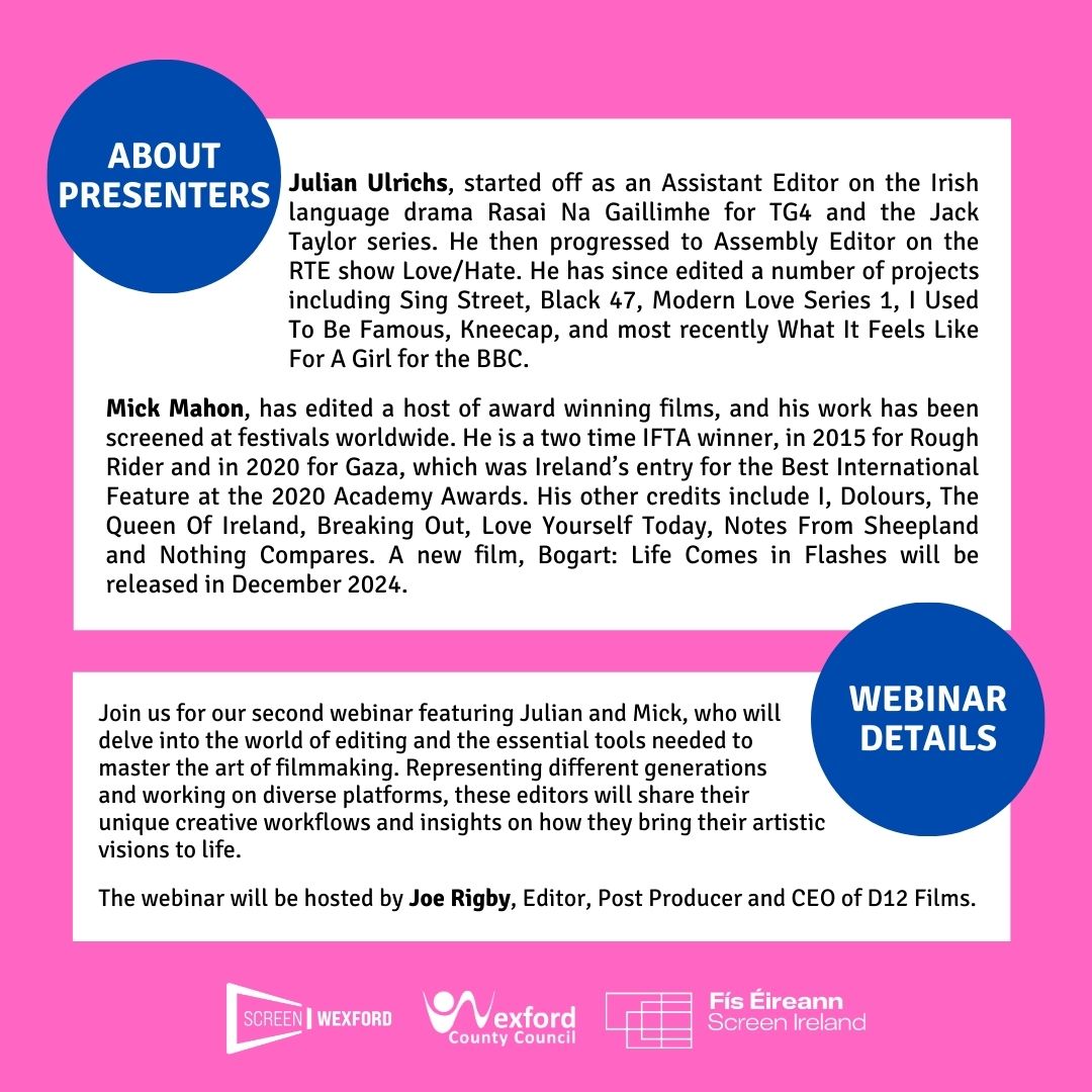 Meet the dynamic duo leading our second workshop ' Creative Workflows' at the event on 'Remote Working in Post Production for the Future' next week!

Tuesday, 26 November at 7pm
Sign up: is2fay1ppo4.typeform.com/to/SjMI2dvL

Supported by <a href="/ScreenIreland/">Screen Ireland</a> and <a href="/wexfordcoco/">Wexford County Council</a>