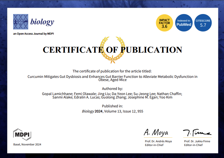 Gopallamichhae's tweet image. Our recent research on Curcumin using aged male mice reveals that it reduces inflammation, restores gut barrier integrity, and supports bile homeostasis, countering the effects of high-fat, high-sugar diets. #GutHealth #Curcumin #Aging #Obesity @MDPIOpenAccess @MDPIBiologySubj