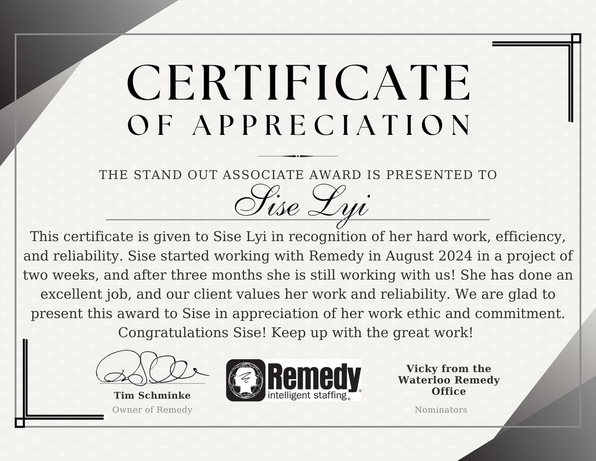 RemedyWaterloo's tweet photo. Our Standout Associate Award for this month goes to Sise Lyi and Katerina Say form our Waterloo office!

We want to recognize Sise and Katerina for their commitment, efficiency, and reliability. They started with us in August 2024, on a 2-week assignment, and after 3 months... https://t.co/LBDPBQX8i7