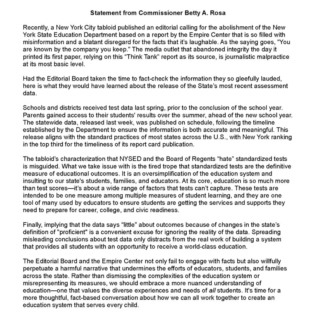 Statement from Commissioner Betty A. Rosa: