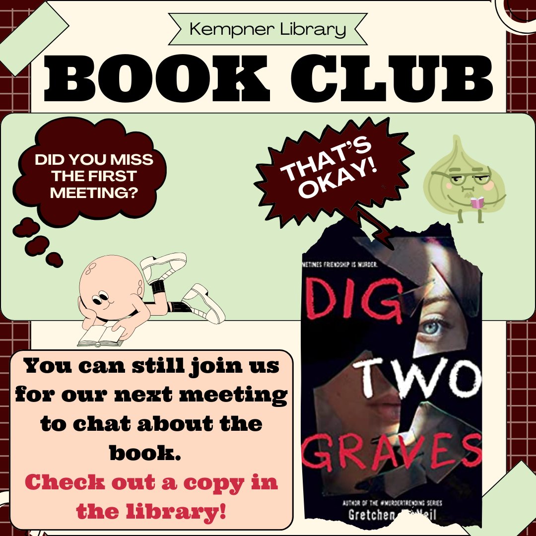 Kempner Library (@thekhslibrary) on Twitter photo Book Club Meets: THU 11/5 at 3PM in the library
It's not too late to check out Dig Two Graves. Ask your Eng teacher about extra credit!
#bookclub #highschoollibraries #digtwograves #kempnerlibrary
<a href="/FBISD_Libraries/">FBISD Libraries</a> <a href="/KHS_Cougars/">Kempner High School</a> Book Club Meets: THU 11/5 at 3PM in the library
It's not too late to check out Dig Two Graves. Ask your Eng teacher about extra credit!
#bookclub #highschoollibraries #digtwograves #kempnerlibrary
<a href="/FBISD_Libraries/">FBISD Libraries</a> <a href="/KHS_Cougars/">Kempner High School</a>