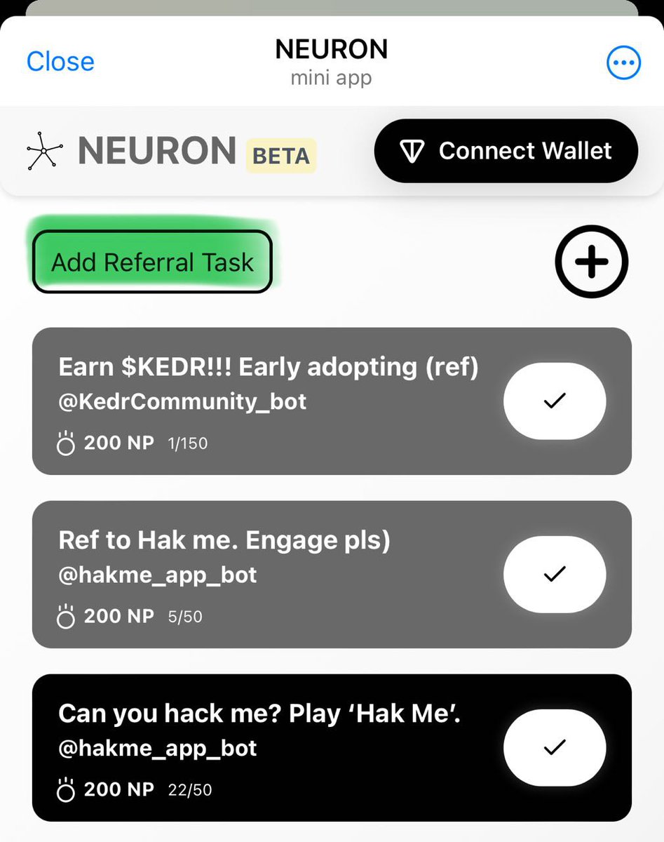 2nd page, left "Add Referral Task" button 
= subscription task for YOUR REFERRAL LINK TO ANY TG BOT) 
= gray slab after deploying

t.me/Neuron_ton_bot