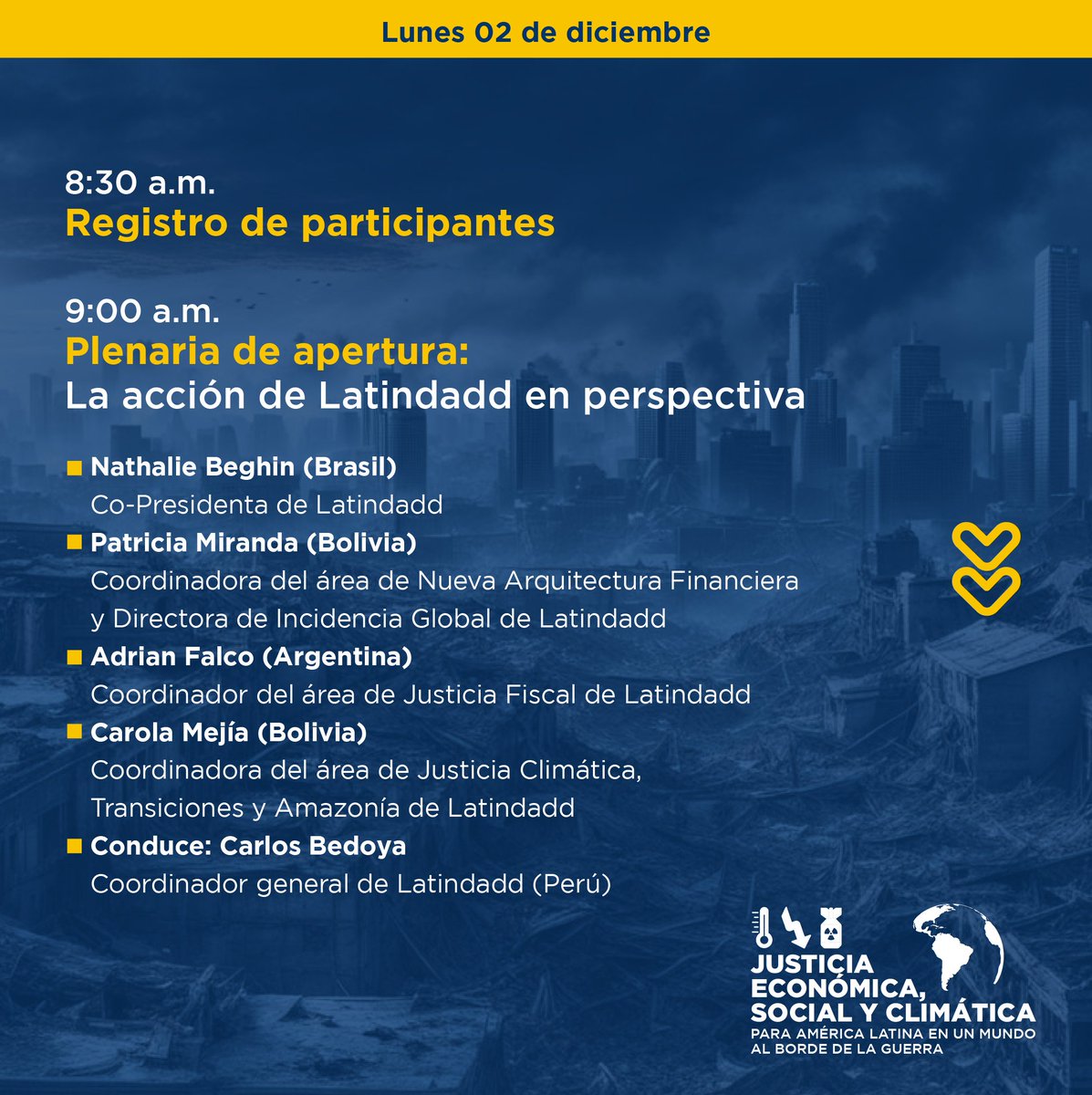 latindadd's tweet photo. 🌎💬 ¡Te esperamos en la Conferencia Programática de Latindadd 2024!

Descubre en este hilo todos los paneles de nuestro programa y los diálogos clave para crear una hoja de ruta con estrategias económicas, sociales y climáticas para América Latina y el Caribe.

Participa y únete al debate:
👉 Presencial: https://t.co/oC8X9HO6VW
👉 Virtual: https://t.co/NcpG3XKKzm
👉 Descarga el programa: https://t.co/ZF7pHCdUVN

🗓️ Fechas: 02 y 03 de diciembre
📍 Lugar: Hotel Jose Antonio Deluxe (Bellavista 133, Miraflores, Lima - Perú)

#Deuda #DEG #CambioClimático #JusticiaFiscal #Clima #JusticiaEconómica #Economía #JusticiaDeDeuda #ContextoGlobal #ALC #LAC