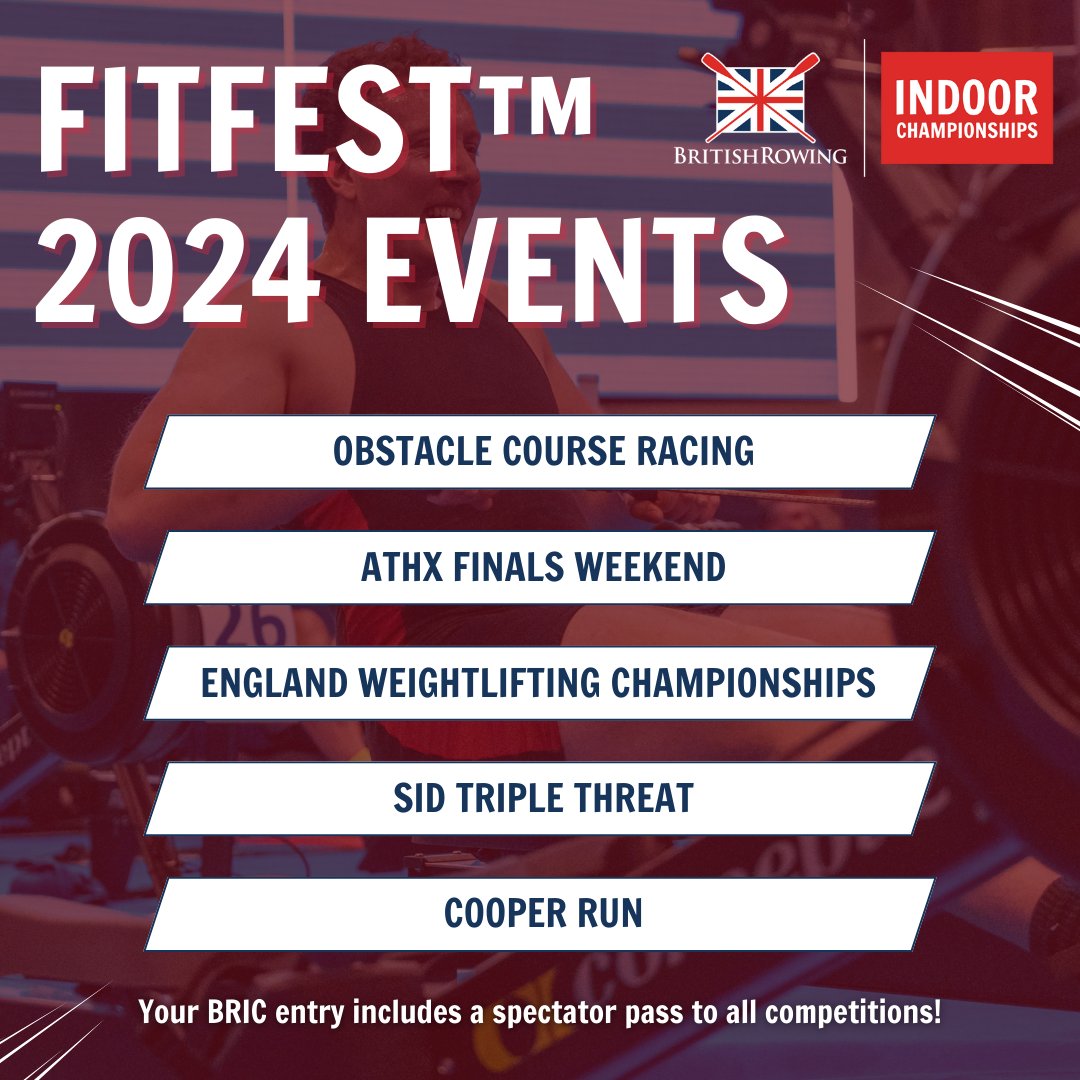 Join the British Rowing Indoor Champs at FitFest 2024 from 7-8 December! 🚀

15,000 fitness fans will take part in five different fitness competitions, from weightlifting to obstacle racing. Your entry includes a free spectator pass! 🔥 👀

Enter now👇 
britishrowing.org/bric