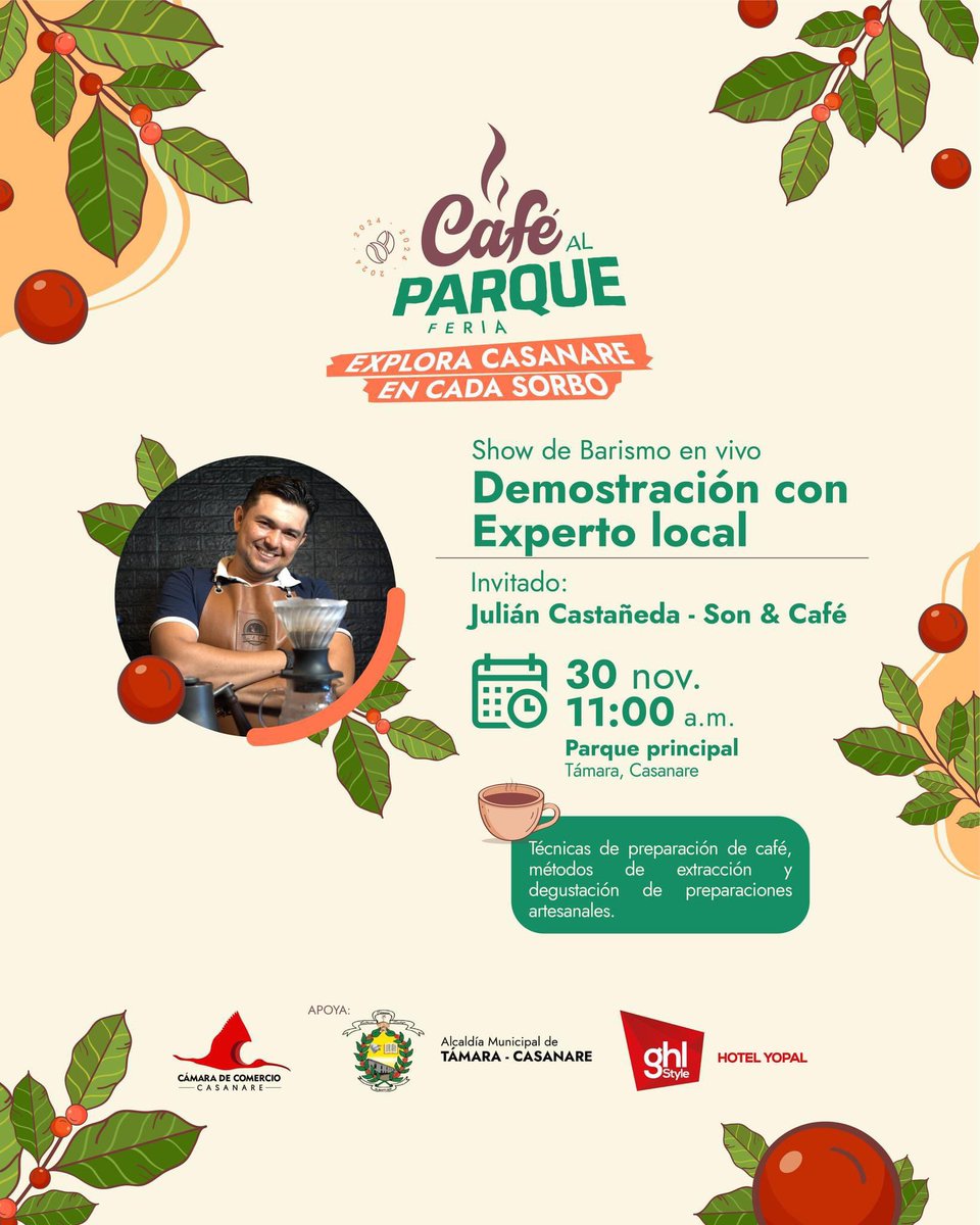 ☕✨ ¡Vive una experiencia en Café al Parque! 🎶🍴 Cultura, momentos especiales y el mejor café te esperan. 🗓️ Prepárate para el  Show de Barismo en Vivo. 

Conoce los secretos detrás de una taza perfecta y aprende los diferentes métodos de preparación. ¡Támara te espera!