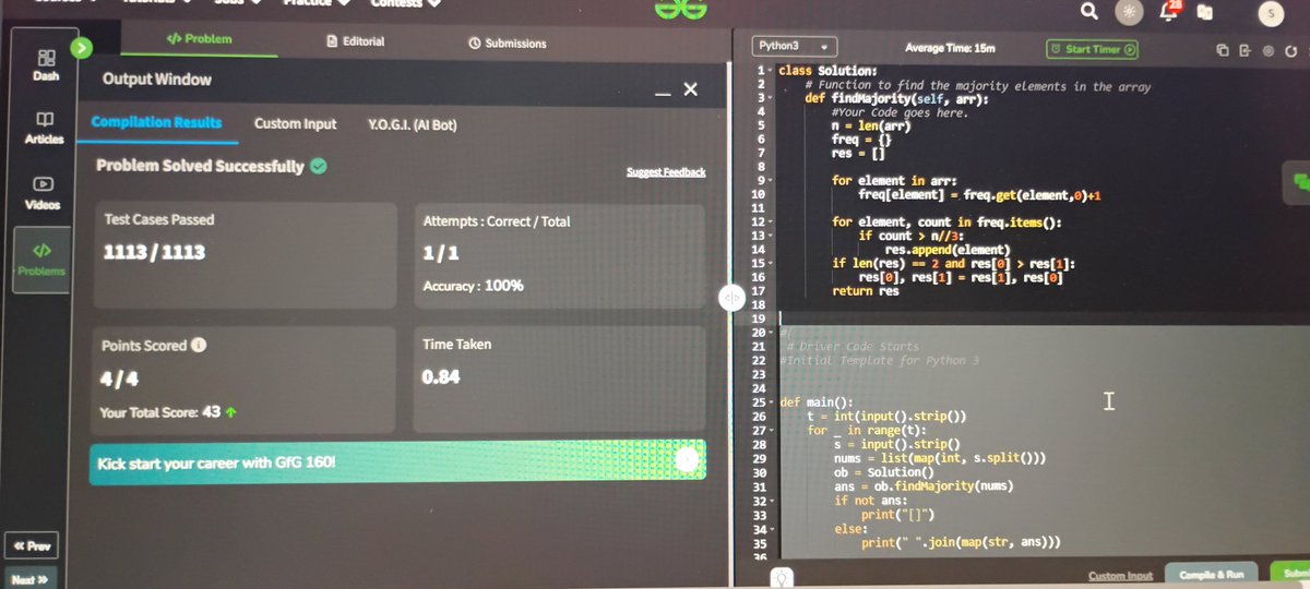 fsuleman5121's tweet photo. Daily streak: Day 4 of #gfg160, solved problem 6 Majority Elements II
#geekstreak2024
#gfg160
@geeksforgeeks https://t.co/NJiVrXCSu6