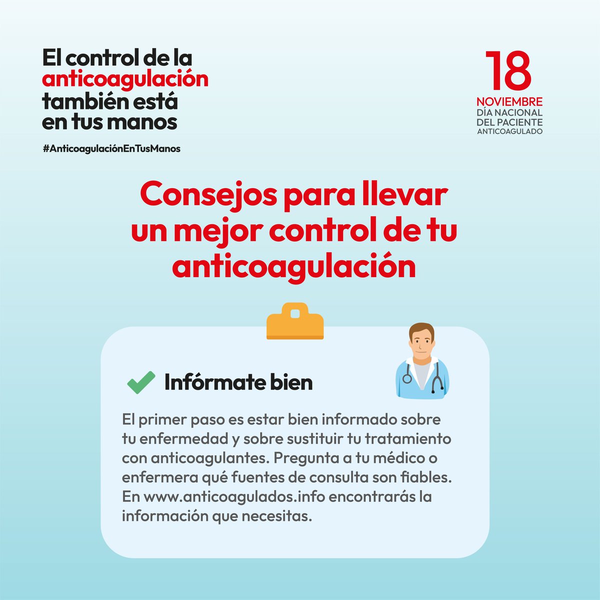FEASAN_'s tweet photo. ¿Cómo puedes implicarte en el control de tu tratamiento anticoagulante🩸?
Hoy CONSEJO Nº1 que puedes aplicar para ser un #paciente implicado en el #buencontrol de tu salud.
Atenta/o a los próximos consejos, tu anticoagulación también está en tus manos.
#AnticoagulaciónEnTusManos https://t.co/ySoVxoNvHC