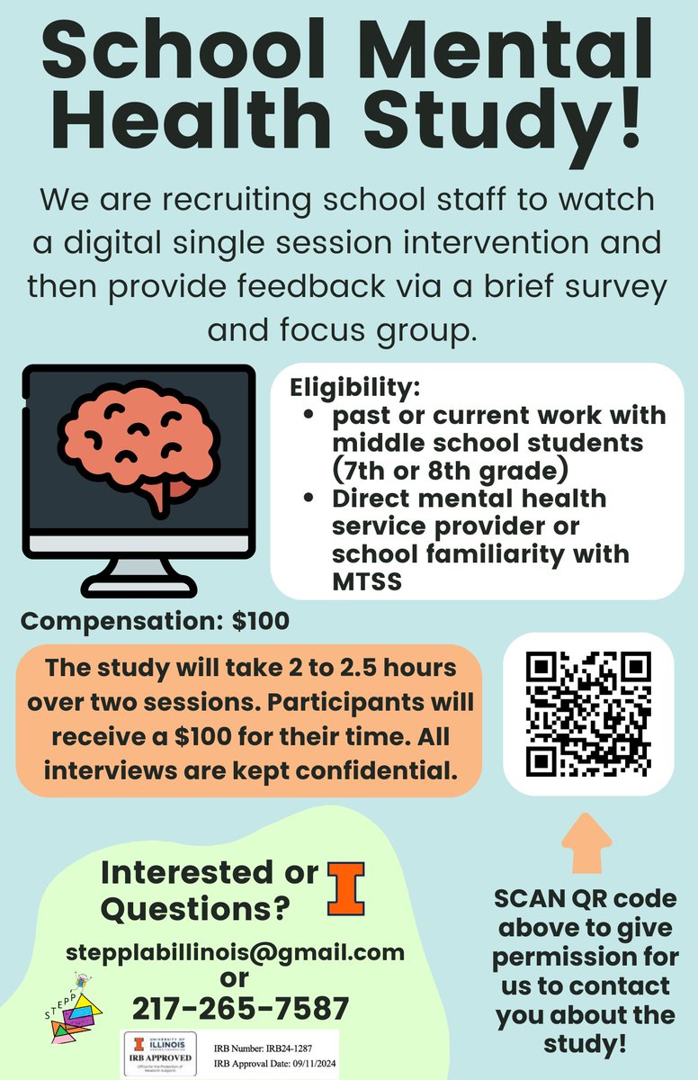 STEPP Lab (@labstepp) on Twitter photo Virtual Study Opportunity!! 🚨We are currently recruiting school mental health staff (e.g. #socialworkers, #counselors, etc) to watch a digital single session intervention and then provide feedback via a brief survey & focus group. More details in the flyer below! #researchstudy Virtual Study Opportunity!! 🚨We are currently recruiting school mental health staff (e.g. #socialworkers, #counselors, etc) to watch a digital single session intervention and then provide feedback via a brief survey & focus group. More details in the flyer below! #researchstudy