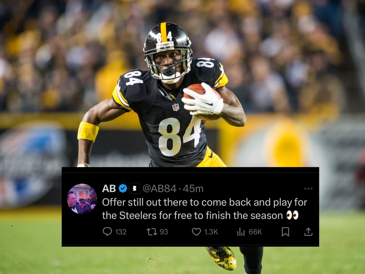 TheStandard412's tweet photo. Antonio Brown says he is down to play the remainder of the season for the Steelers for free…..

What are your thoughts? 🤔

#NFL #Steelers @AB84 https://t.co/mB3jDBqGmC