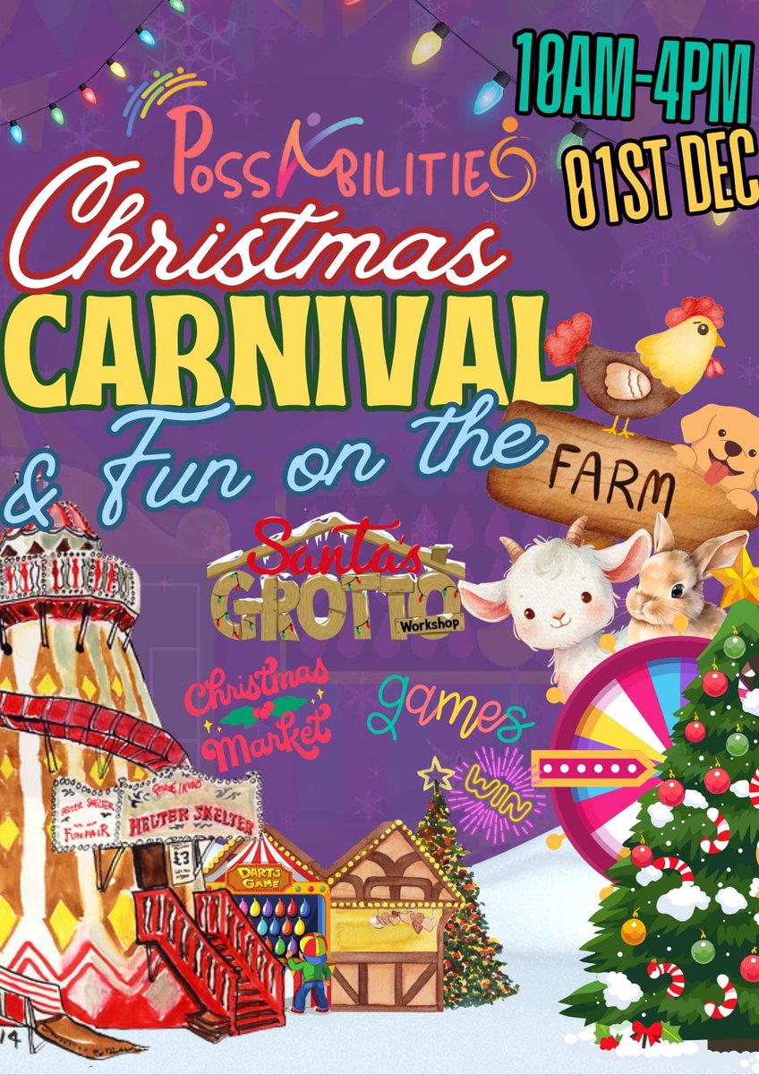 🐔🎄🎪Christmas Carnival &amp; Farm Fun🎪🎄🐔

Come and join us to kick off Christmas at our Christmas Carnival &amp; Fun on the Farm event!

On Sunday 1st December, from 10am - 4pm, PossAbilities outdoor spaces will be open to the public to come down and enjoy a day of fun, games, farm