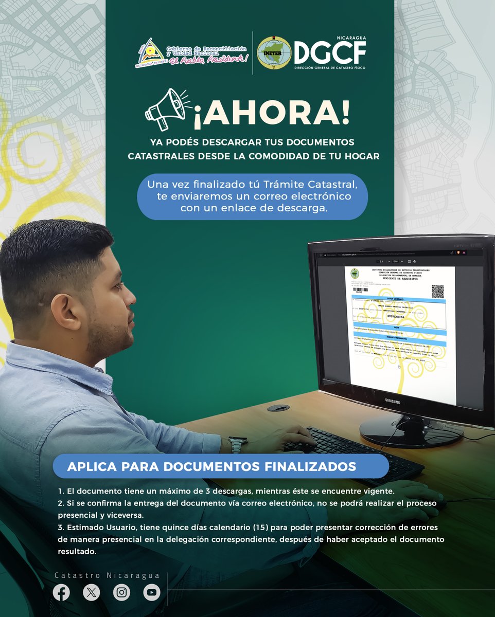 #Nicaragua Con nuestro nuevo servicio de descarga de documentos catastrales, ya no necesitás regresar a retirar tu certificado, ni hacer fila. 

*Aplican restricciones para ciertos documentos catastrales. #CatastroNicaragua #4519LapatriaLaRevolución