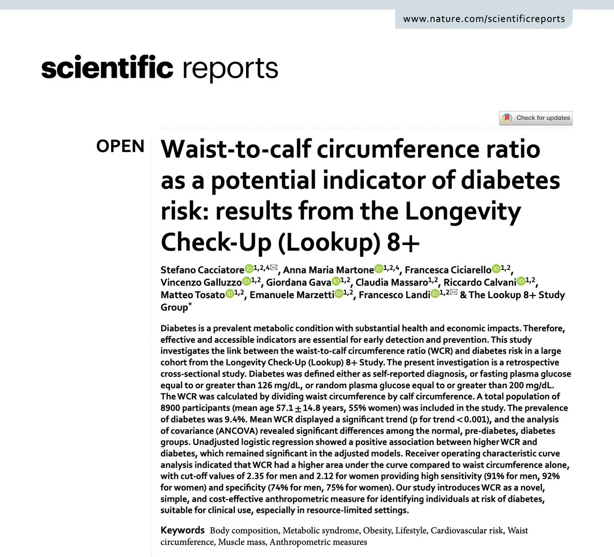 stecacMD's tweet photo. ⚠️ New article alert ⚠️
The waist-to-calf circumference ratio reflects the balance between body #adiposity and #muscle mass, serves as a potential indicator of #metabolic #health and a predictive marker for #diabetes in the general population

🔗 Read the full article published in @SciReports: https://t.co/KDHb7VOu71